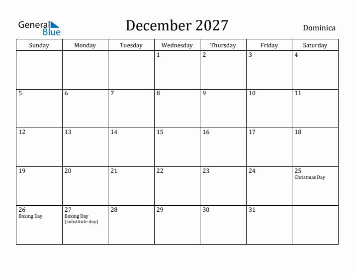 December 2027 Calendar Dominica