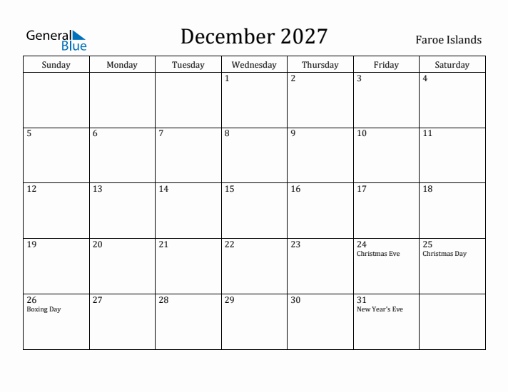 December 2027 Calendar Faroe Islands