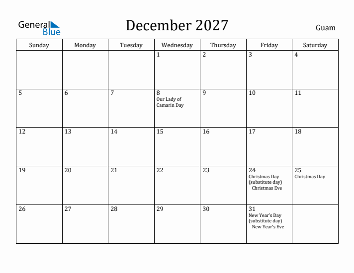 December 2027 Calendar Guam