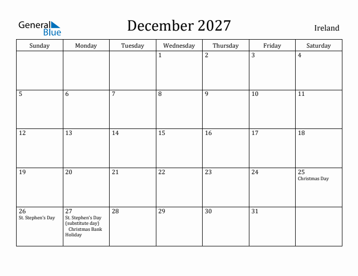 December 2027 Calendar Ireland