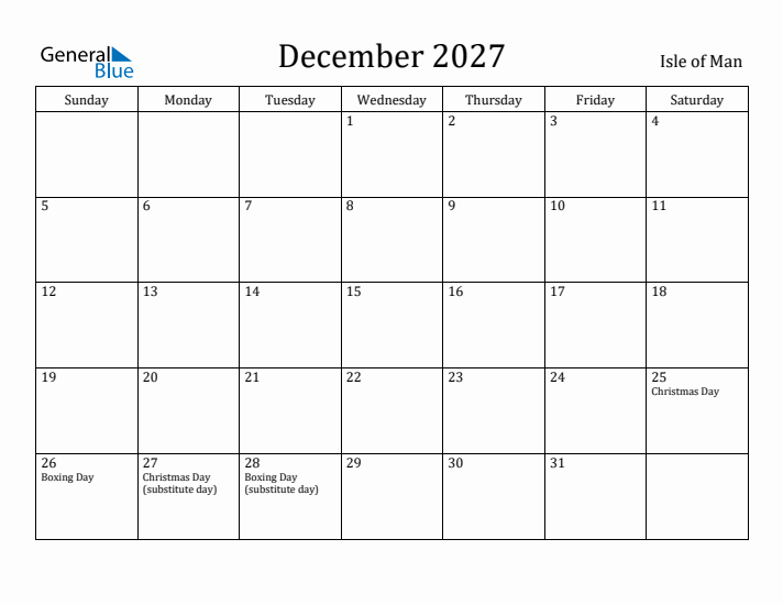 December 2027 Calendar Isle of Man