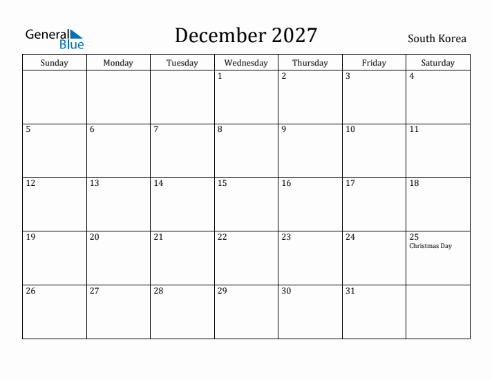 December 2027 Calendar South Korea