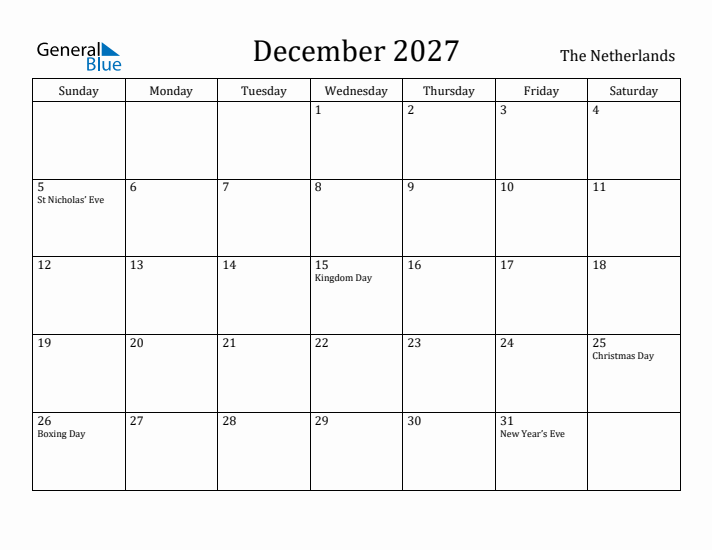 December 2027 Calendar The Netherlands