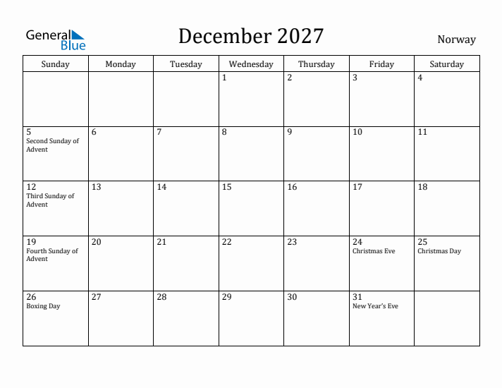 December 2027 Calendar Norway