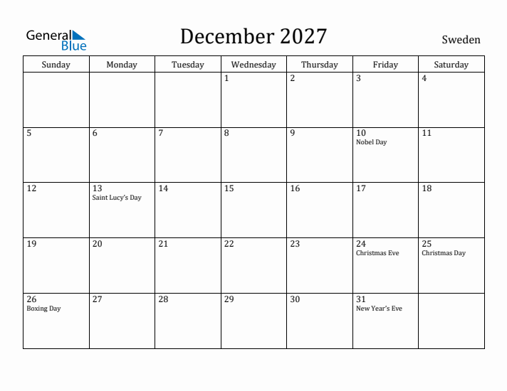 December 2027 Calendar Sweden