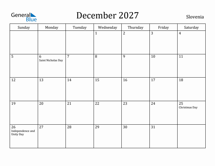 December 2027 Calendar Slovenia