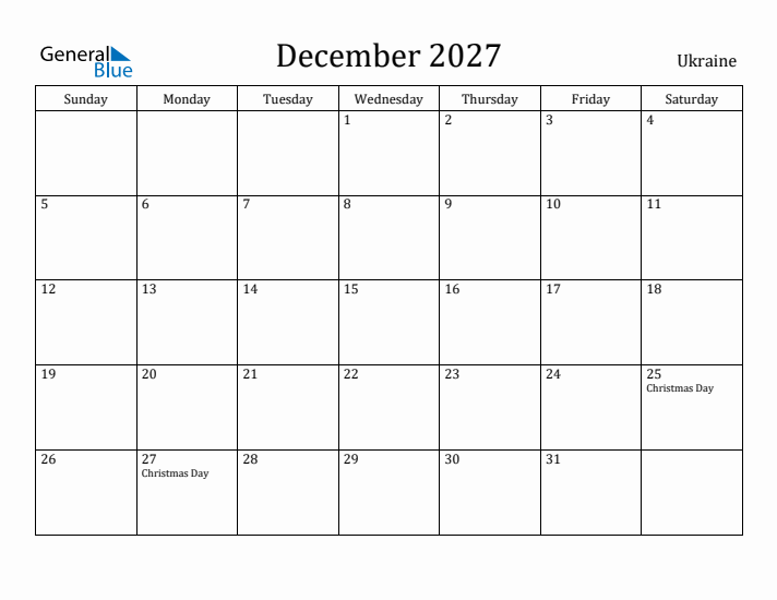 December 2027 Calendar Ukraine