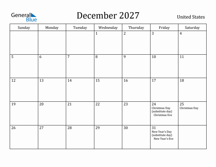 December 2027 Calendar United States