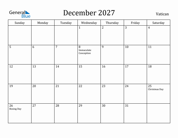 December 2027 Calendar Vatican