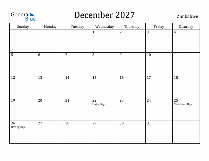 December 2027 Calendar Zimbabwe