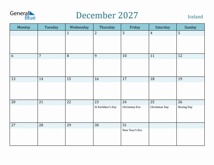 December 2027 Calendar with Holidays