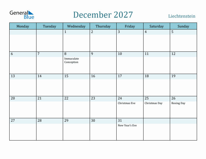 December 2027 Calendar with Holidays