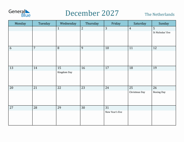 December 2027 Calendar with Holidays