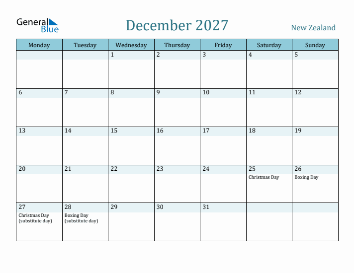 December 2027 Calendar with Holidays