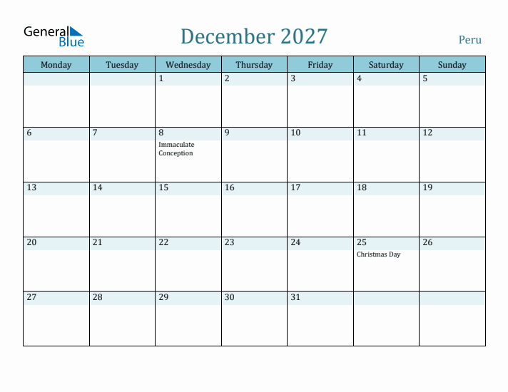 December 2027 Calendar with Holidays