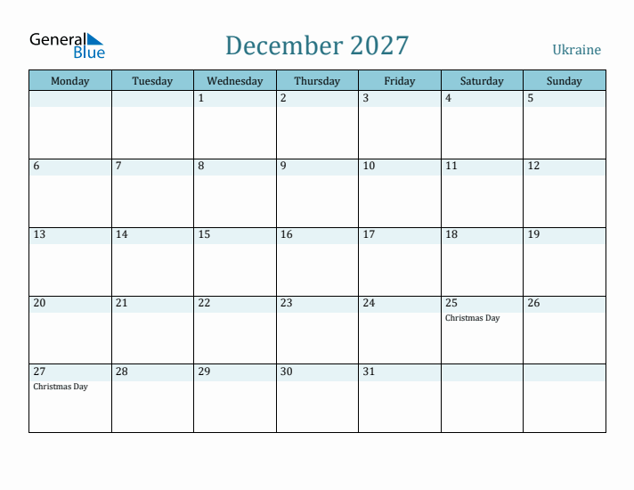 December 2027 Calendar with Holidays