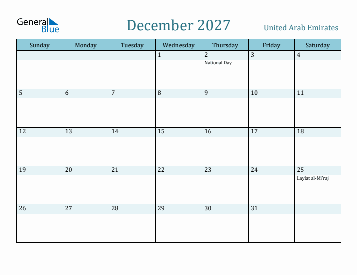 December 2027 Calendar with Holidays