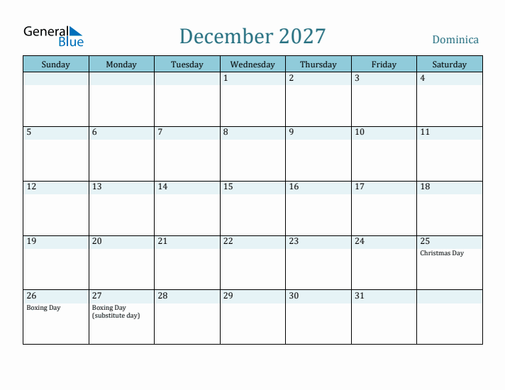 December 2027 Calendar with Holidays