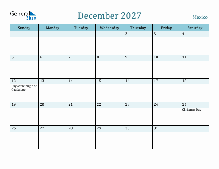 December 2027 Calendar with Holidays