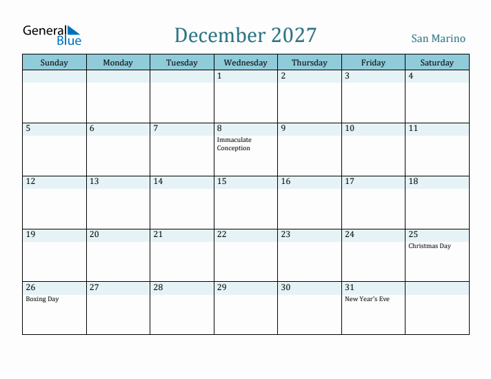 December 2027 Calendar with Holidays