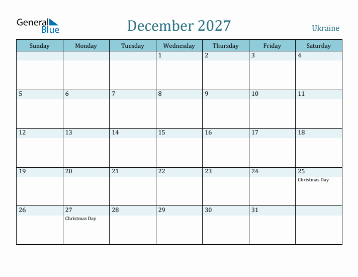 December 2027 Calendar with Holidays