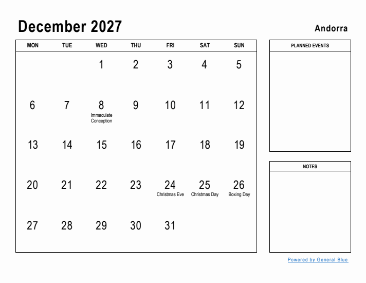 December 2027 Printable Monthly Calendar with Andorra Holidays