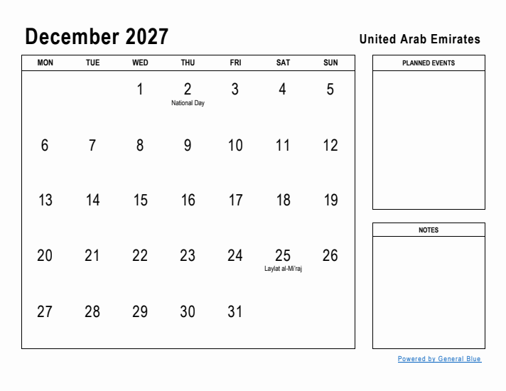 December 2027 Printable Monthly Calendar with United Arab Emirates Holidays