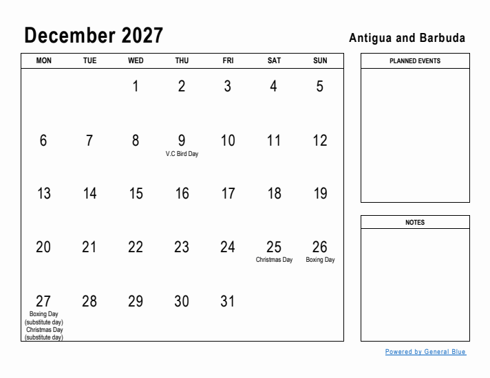 December 2027 Printable Monthly Calendar with Antigua and Barbuda Holidays