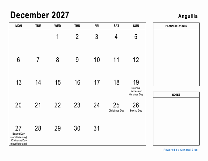 December 2027 Printable Monthly Calendar with Anguilla Holidays