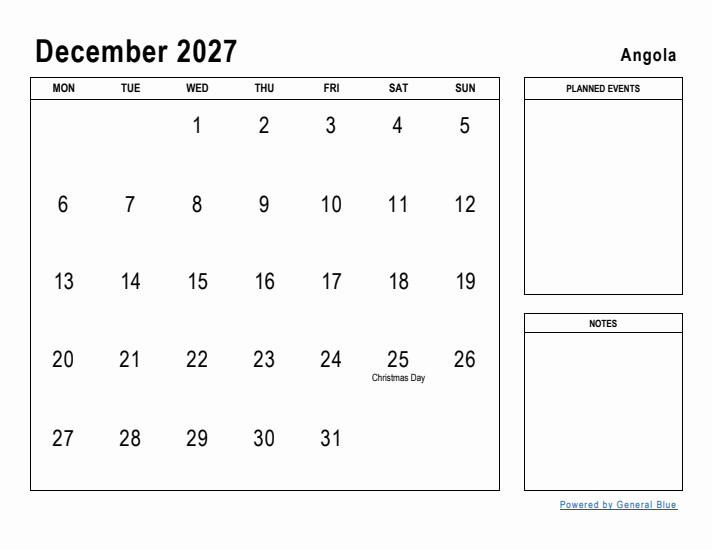 December 2027 Printable Monthly Calendar with Angola Holidays