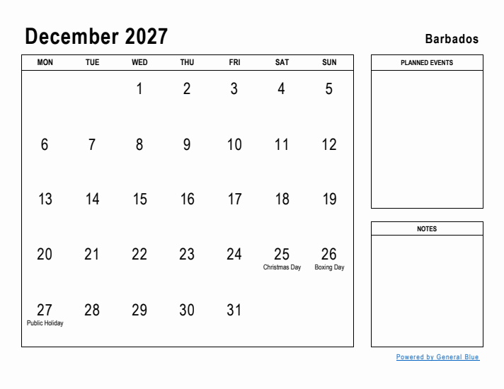 December 2027 Printable Monthly Calendar with Barbados Holidays