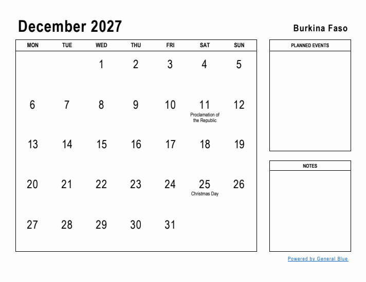 December 2027 Printable Monthly Calendar with Burkina Faso Holidays