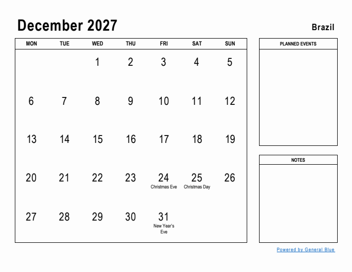 December 2027 Printable Monthly Calendar with Brazil Holidays