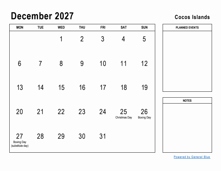 December 2027 Printable Monthly Calendar with Cocos Islands Holidays