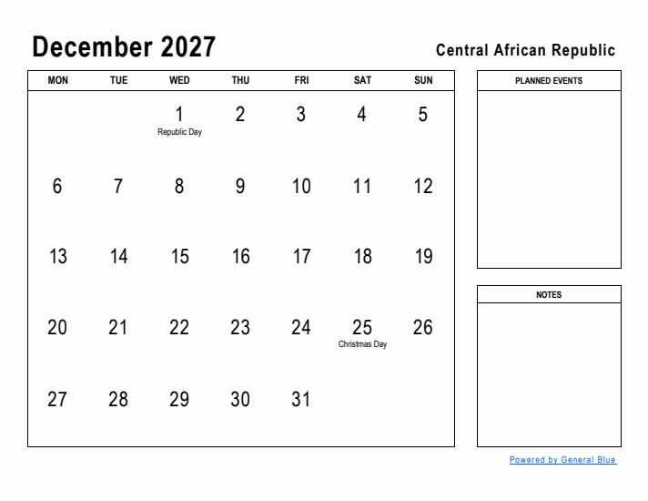 December 2027 Printable Monthly Calendar with Central African Republic Holidays