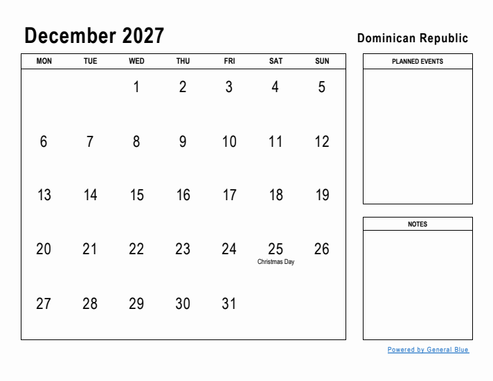 December 2027 Printable Monthly Calendar with Dominican Republic Holidays