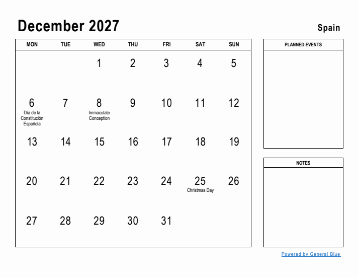 December 2027 Printable Monthly Calendar with Spain Holidays