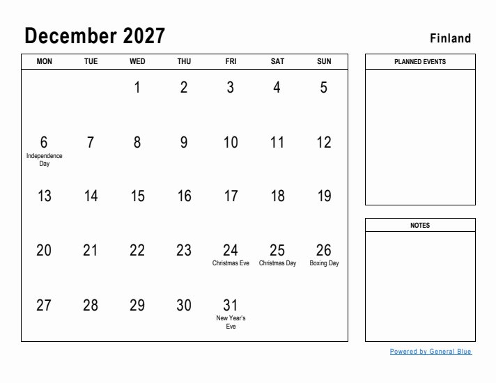 December 2027 Printable Monthly Calendar with Finland Holidays