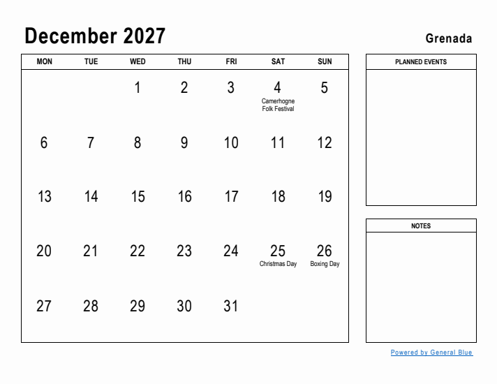 December 2027 Printable Monthly Calendar with Grenada Holidays