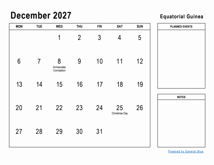 December 2027 Printable Monthly Calendar with Equatorial Guinea Holidays