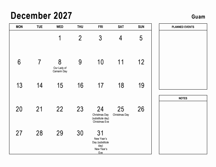 December 2027 Printable Monthly Calendar with Guam Holidays