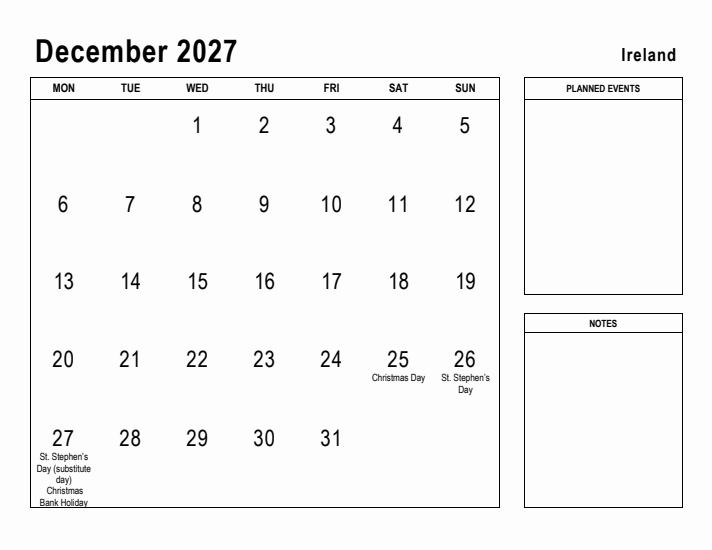 December 2027 Printable Monthly Calendar with Ireland Holidays