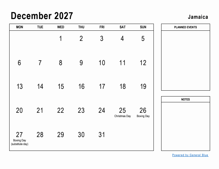 December 2027 Printable Monthly Calendar with Jamaica Holidays