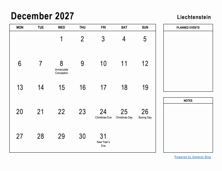 December 2027 Printable Monthly Calendar with Liechtenstein Holidays