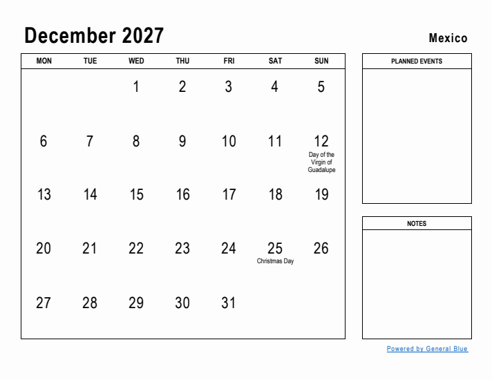 December 2027 Printable Monthly Calendar with Mexico Holidays