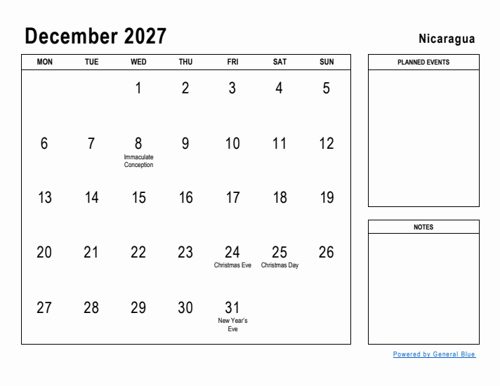 December 2027 Printable Monthly Calendar with Nicaragua Holidays