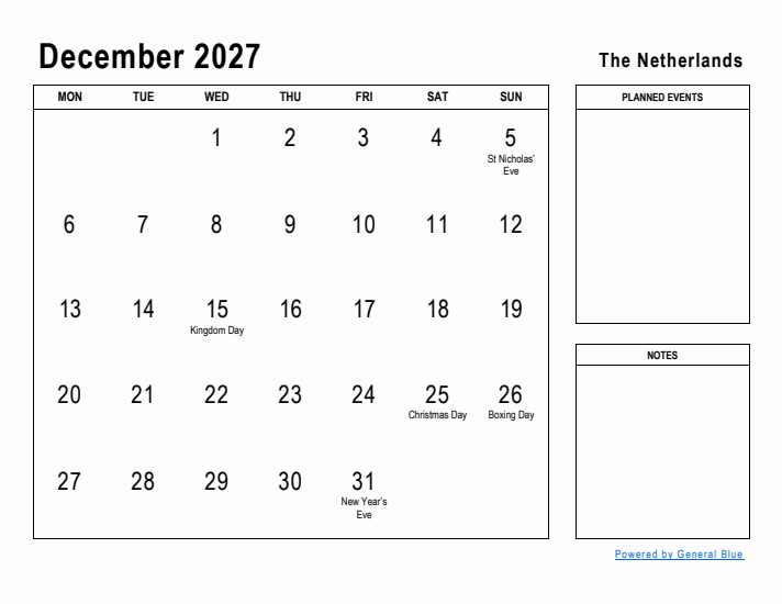 December 2027 Printable Monthly Calendar with The Netherlands Holidays