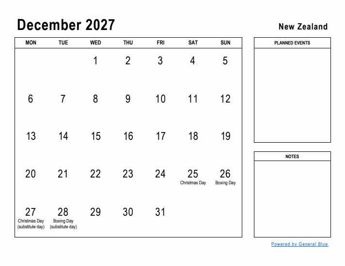 December 2027 Printable Monthly Calendar with New Zealand Holidays