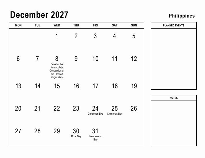 December 2027 Printable Monthly Calendar with Philippines Holidays