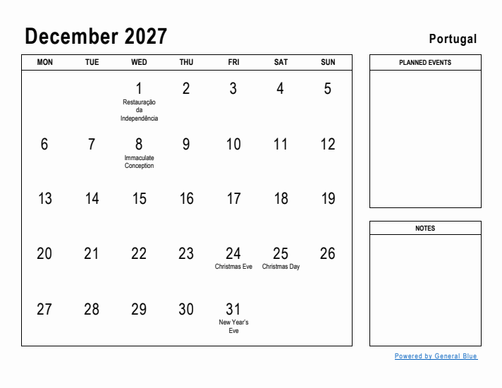 December 2027 Printable Monthly Calendar with Portugal Holidays